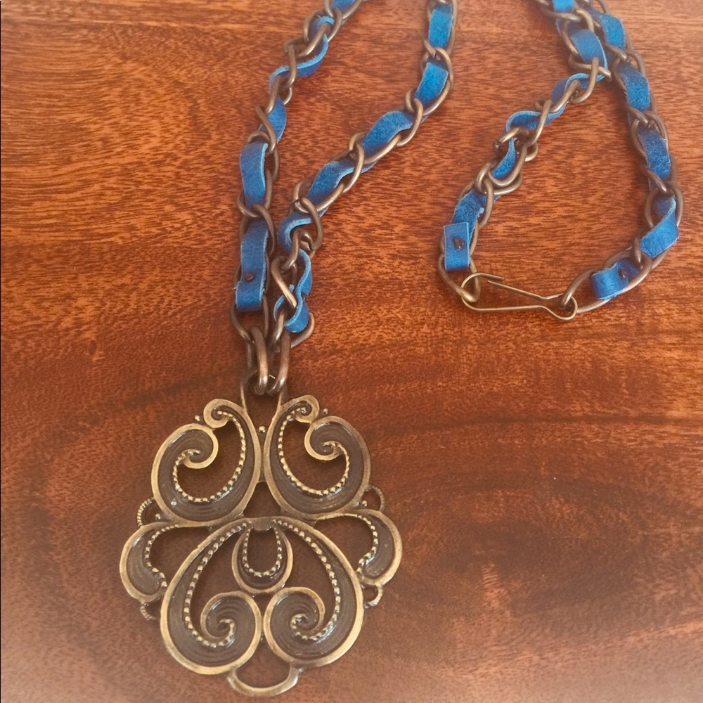 Vintage Faux Leather Metal Crest Necklace